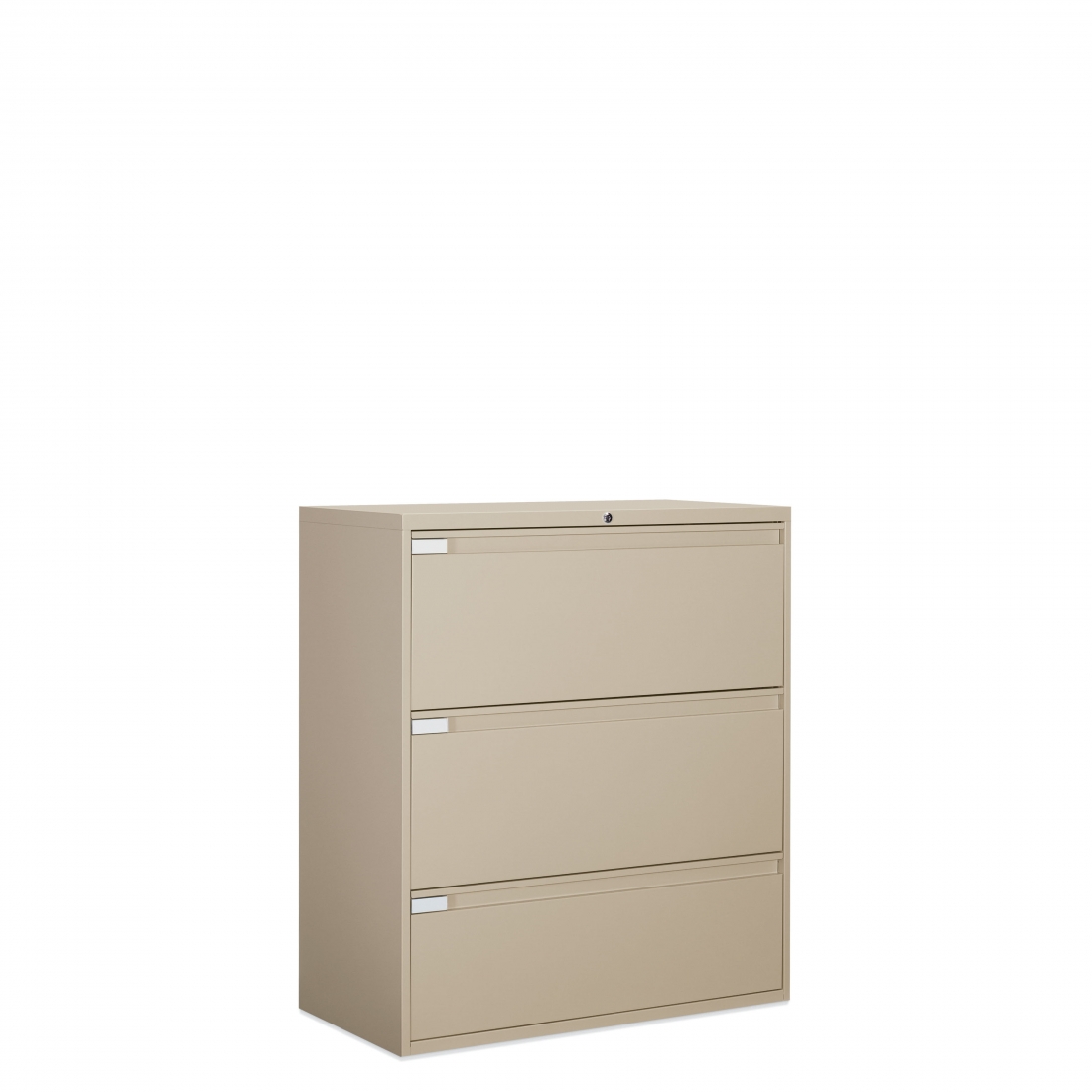 Professional lateral file capability with fixed or receding drawers and looped full pulls
