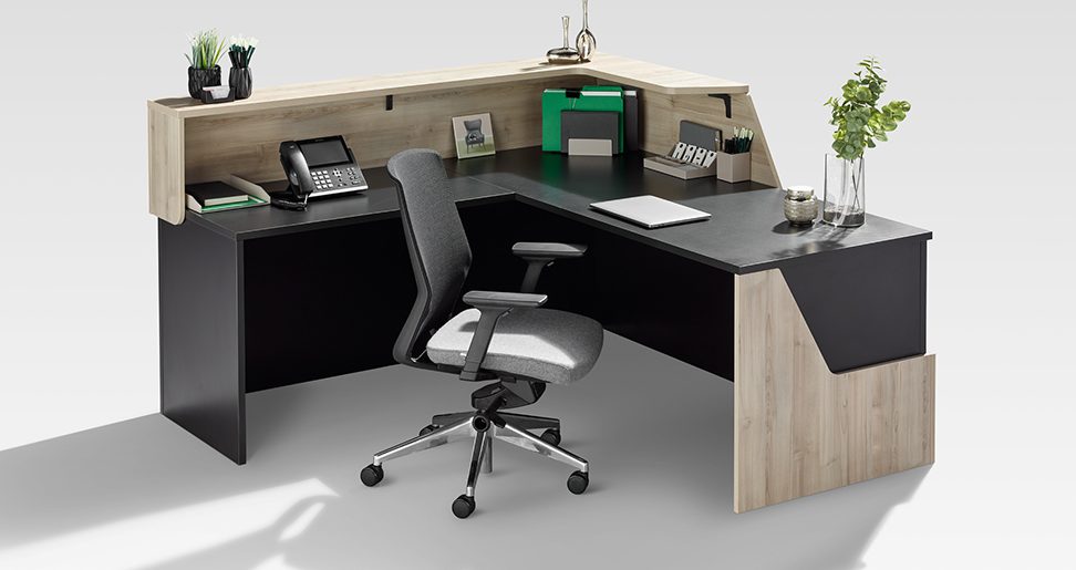 Karibu reception desk with sharp angles and modern lines in a NYC lobby