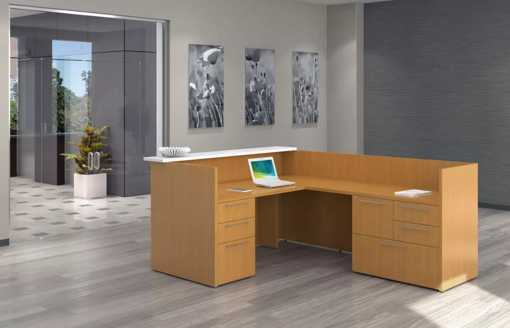 Aura reception desk with inviting veneer and glass details in NYC reception area