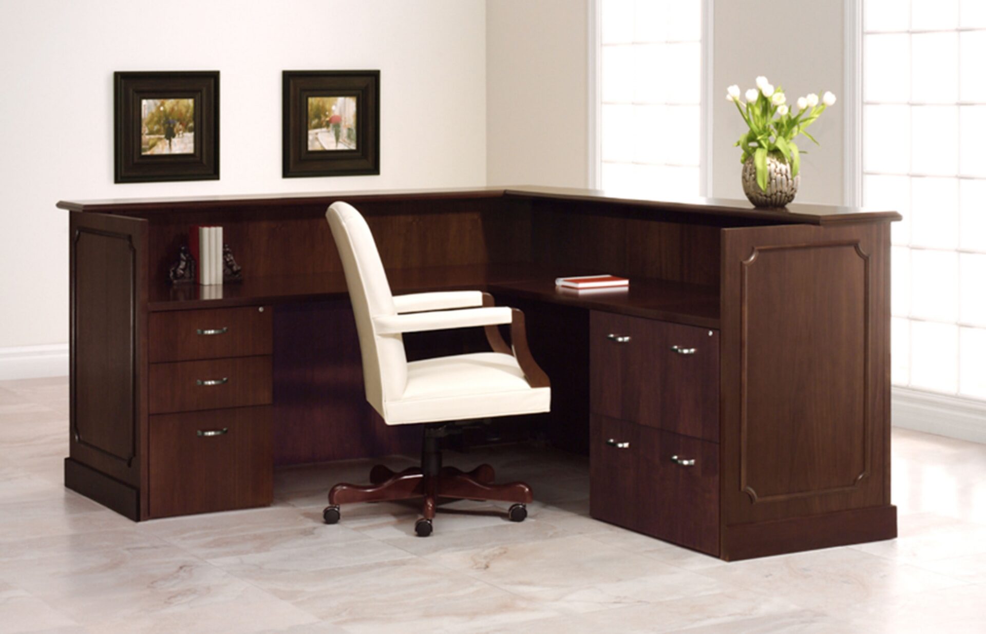 Cameo reception desk with refined walnut veneer in a classic NYC lobby