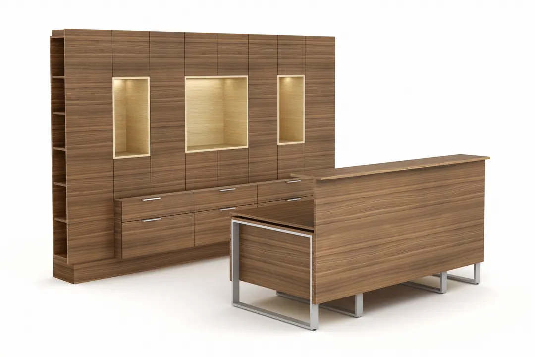 Foundations modular reception desk with contemporary wood veneer finish in modern office lobby
