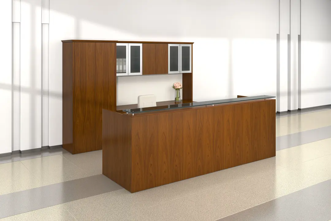Kingston luxury wood reception desk with handcrafted veneer finish in executive office