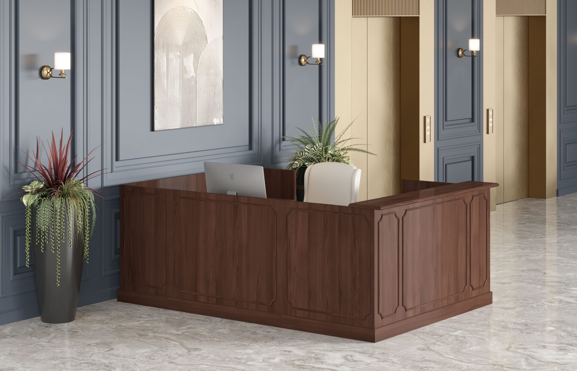Jefferson reception desk with rich veneer and traditional detailing in a NYC lobby