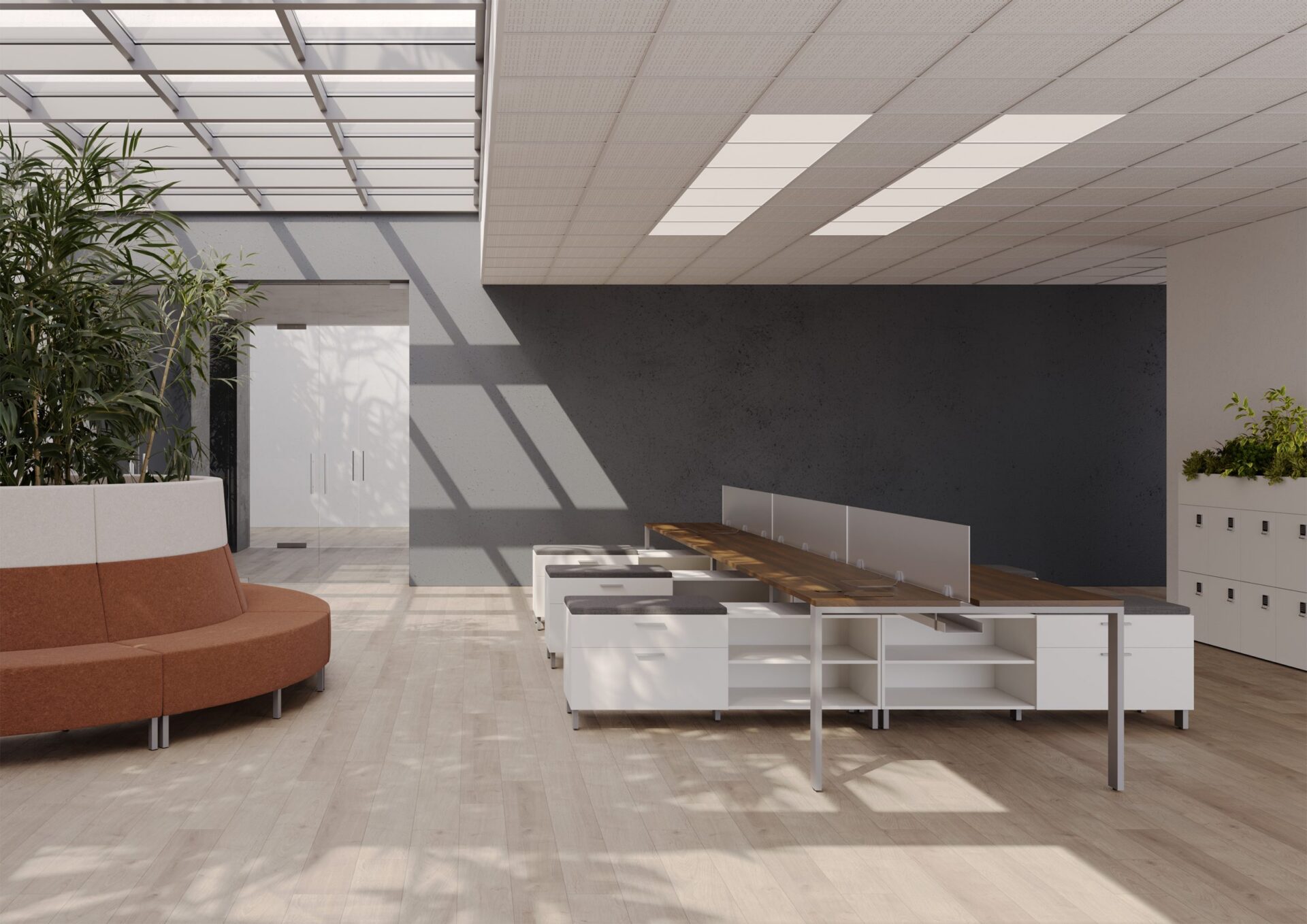 OFGO My Zone benching with riser legs and PanelX privacy panels in NYC office