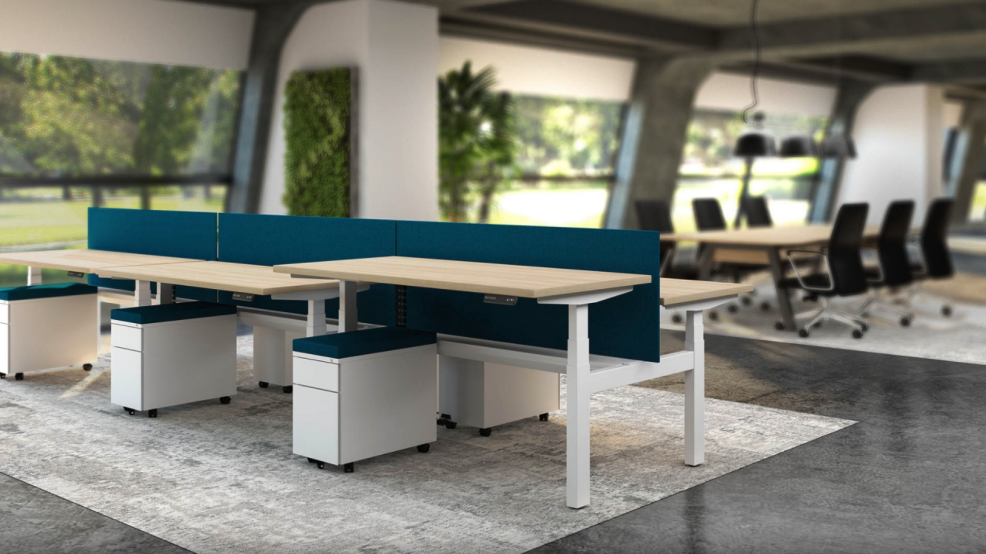 Enwork XTB4 sit-stand benching with fabric topper screens in NYC open plan office