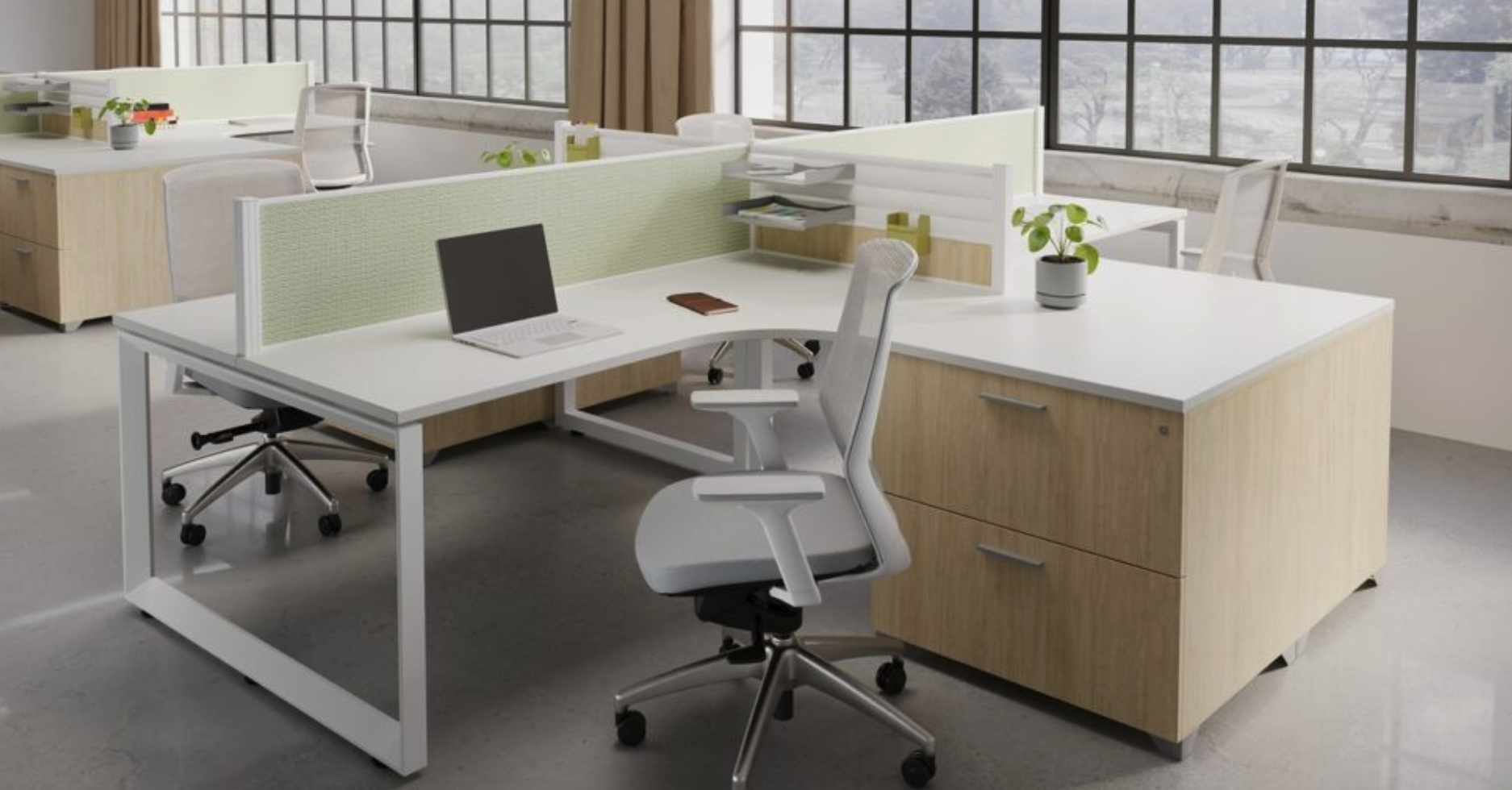 Tayco Scene benching with privacy screens and storage cabinets in NYC office