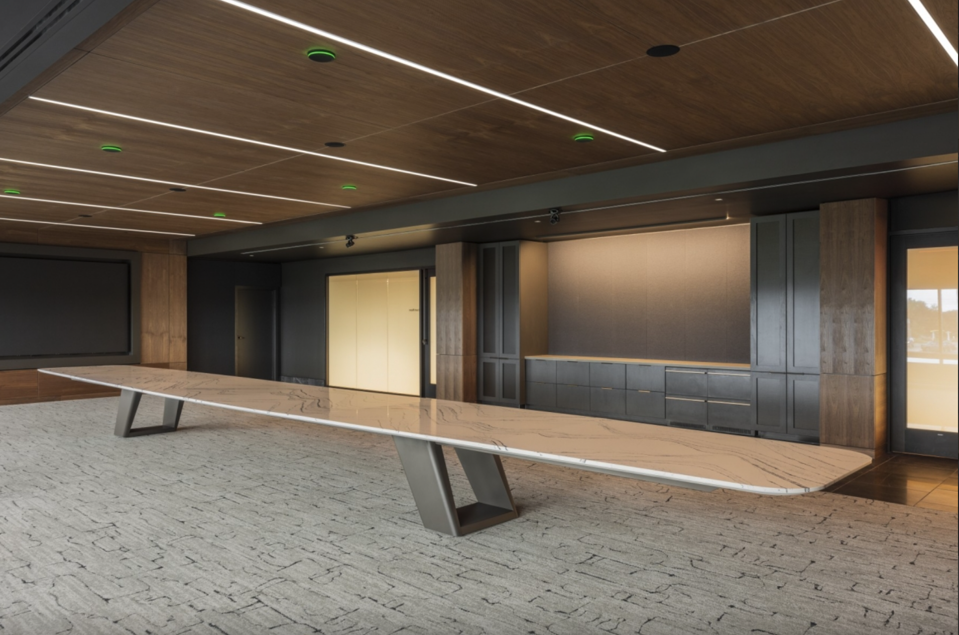 Long Expanse conference table with angled bases and cable management in NYC boardroom