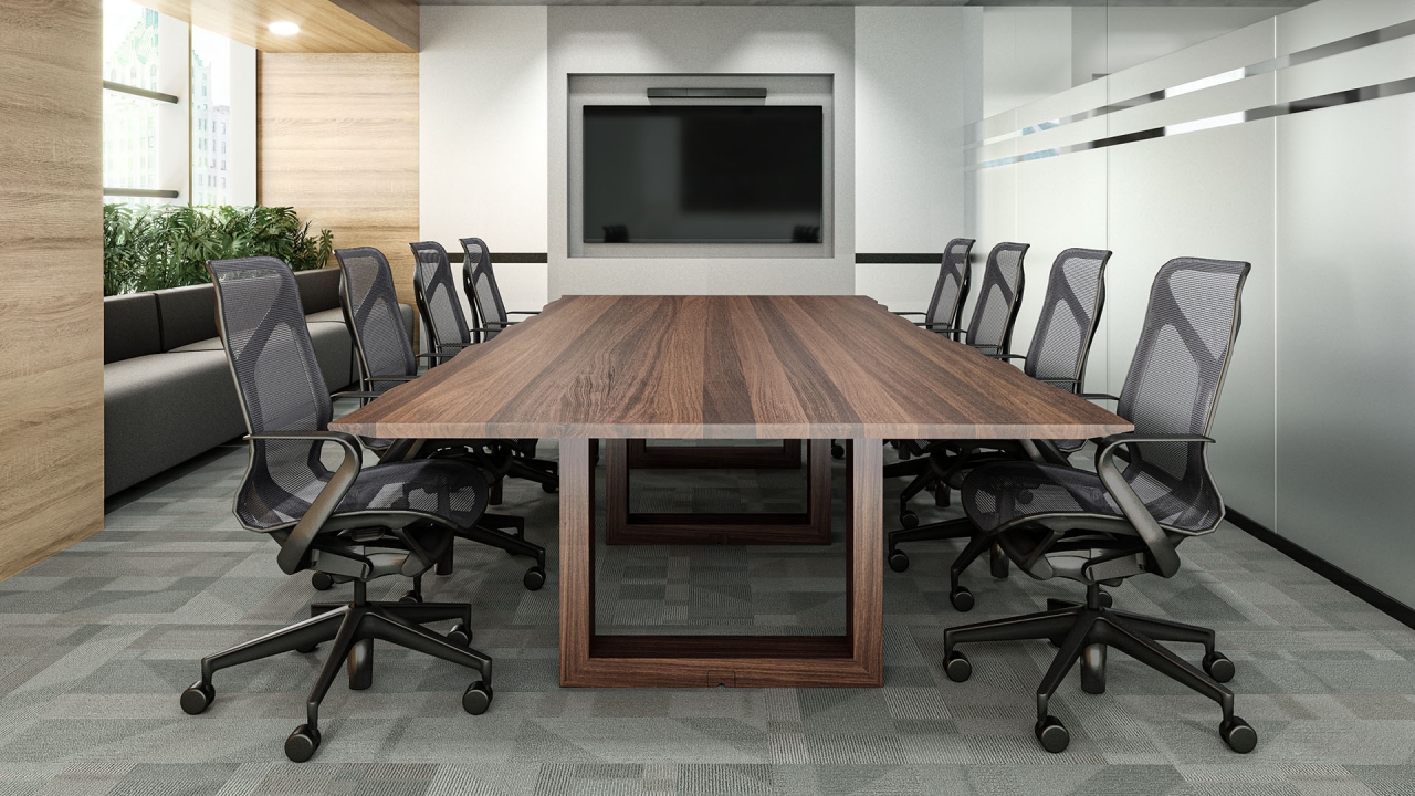 Statement O-leg conference table with exposed ply in New York boardroom