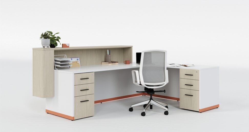 Aloha reception desk with clean lines and generous transaction space in NYC office lobby