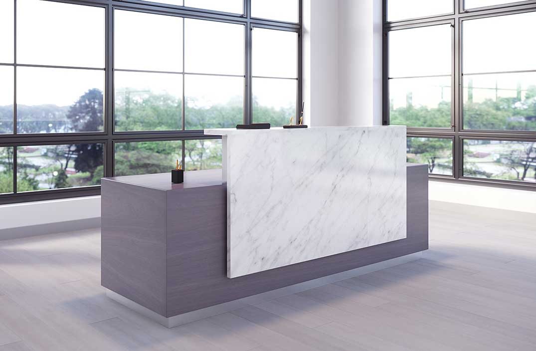 Cascade reception desk with dramatic floating counter in a NYC lobby