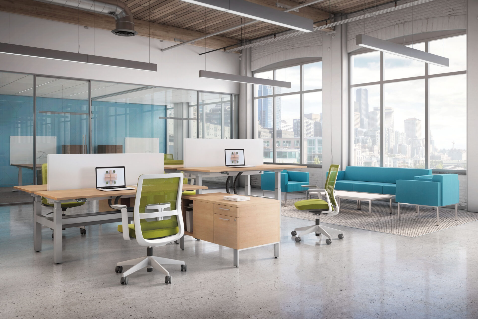 Global FreeFit sit-stand benching system in New York open plan office