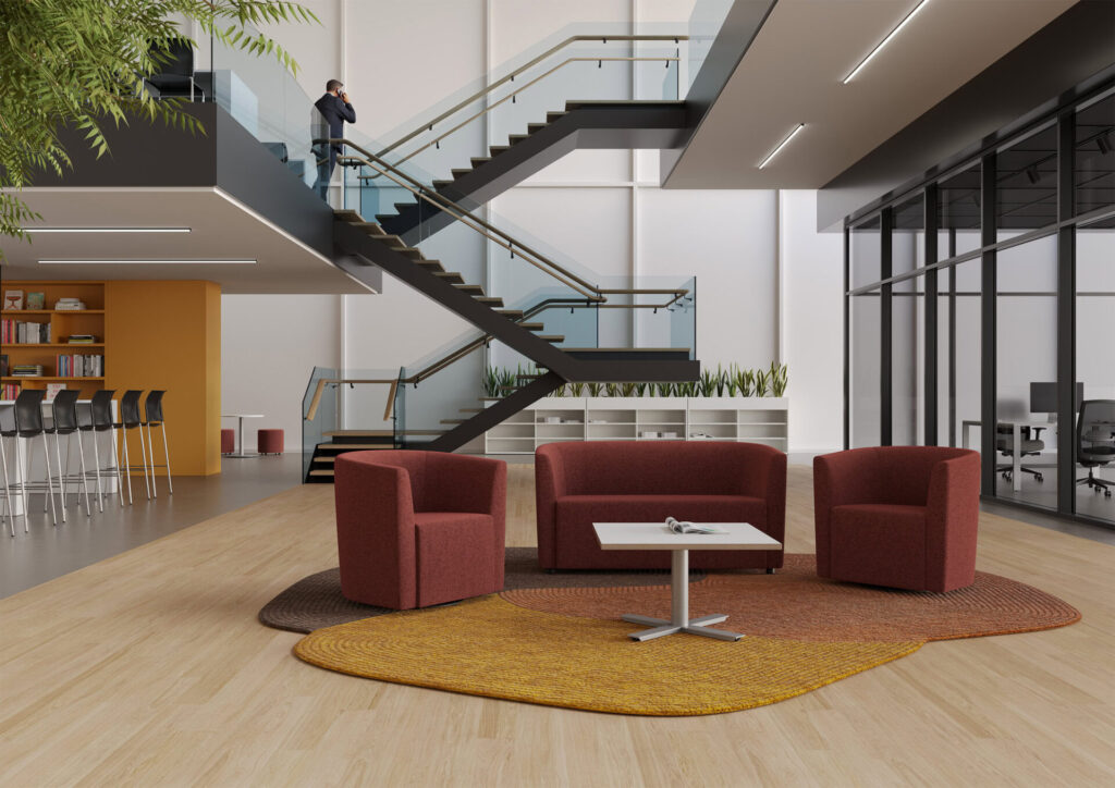 modern office space with stairs and seating area