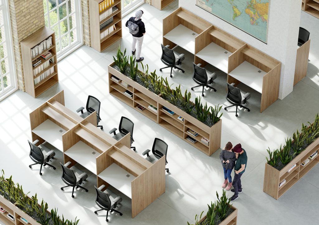 overview of shared workspace with desks