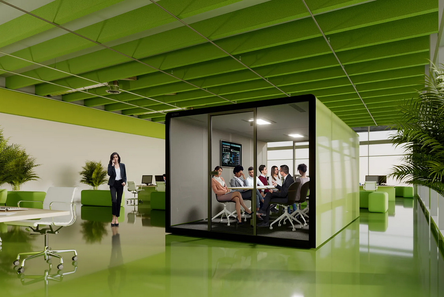 green office space with privacy pod