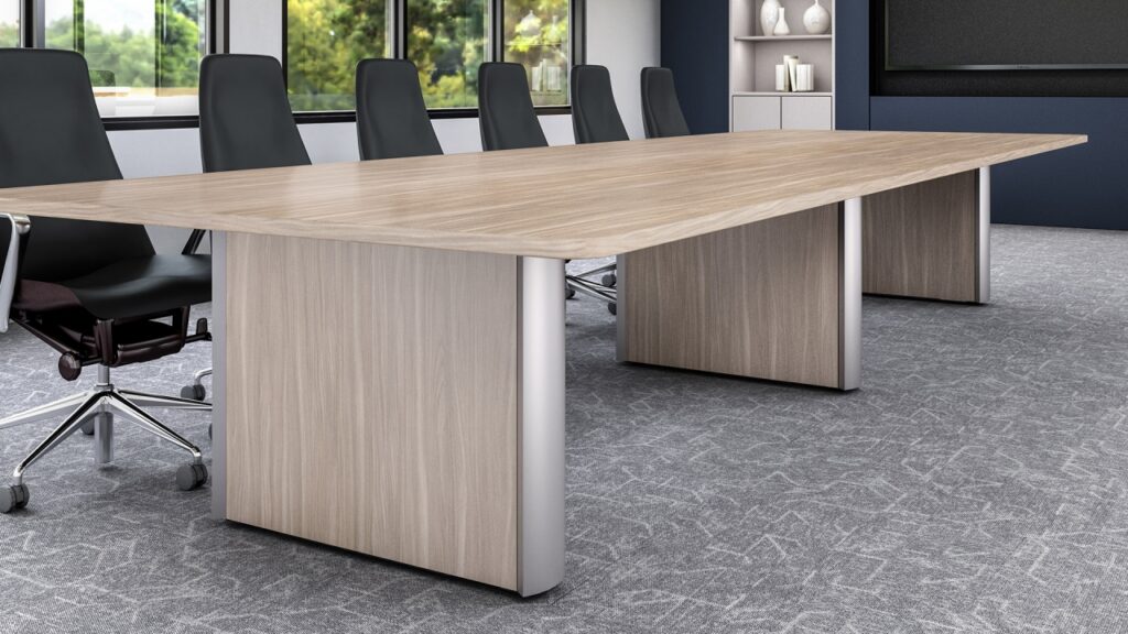 Camber conference table with aluminum trim and wire management in NYC office