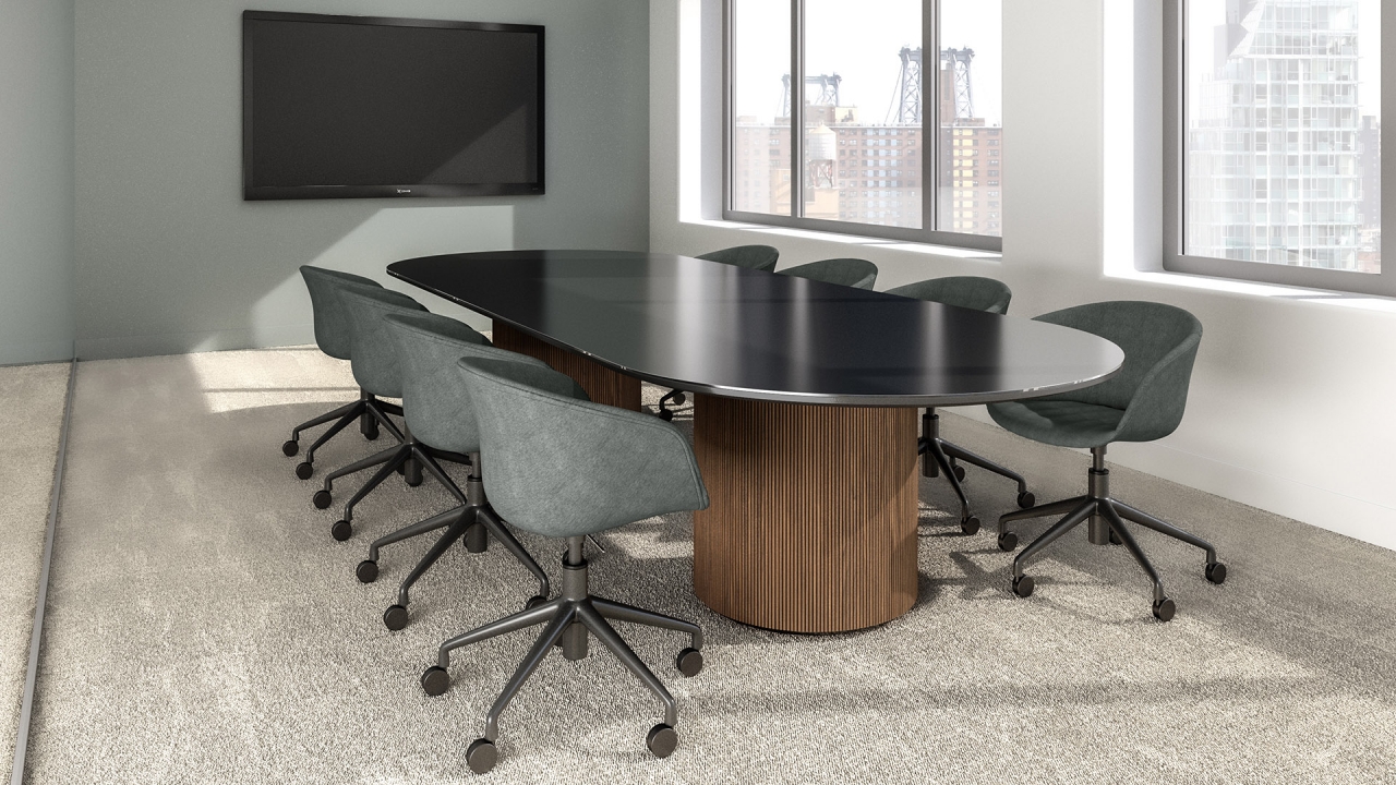 Foundation Drum conference table with tambour base and power in NYC