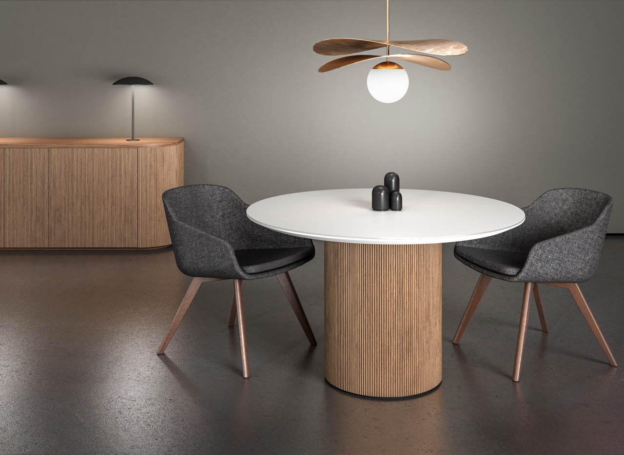 Foundation Drum conference table with modern drum base in NYC office