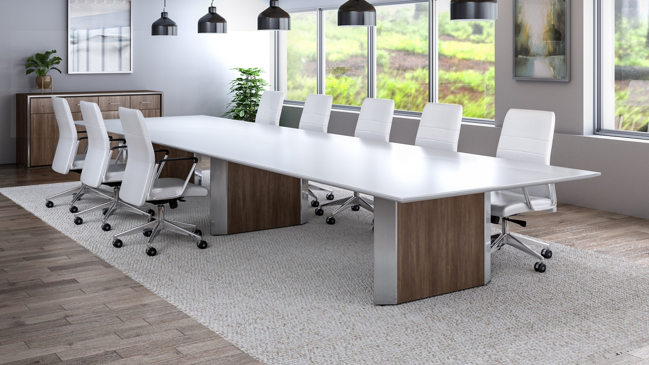 Stealth conference table with angular aluminum base in NYC office