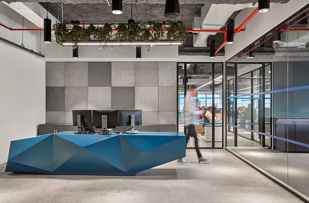 Kirigami reception desk with striking modern architecture in a NYC lobby