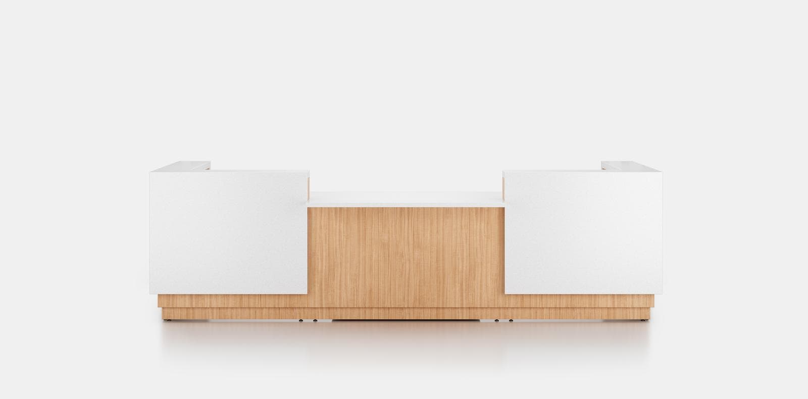 Central Park modular reception desk with premium wood veneer in corporate office lobby