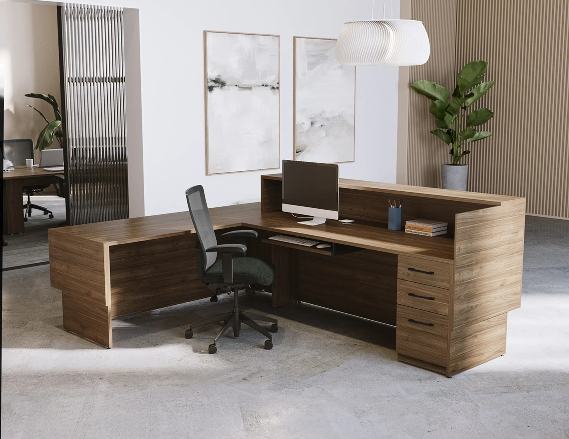 Inbox reception desk with bold urban style in a NYC lobby