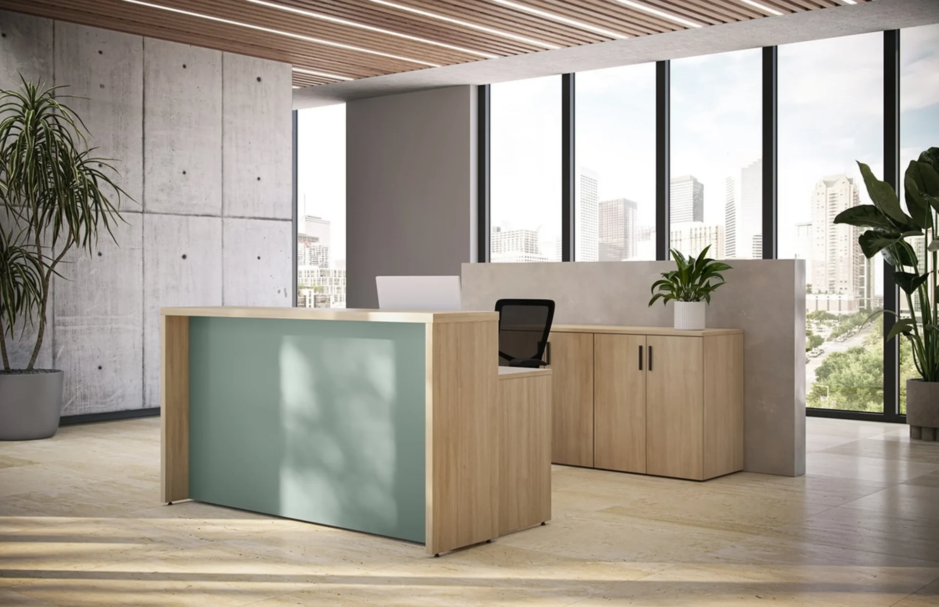 M-Brace reception desk with clean modern lines in a NYC office lobby