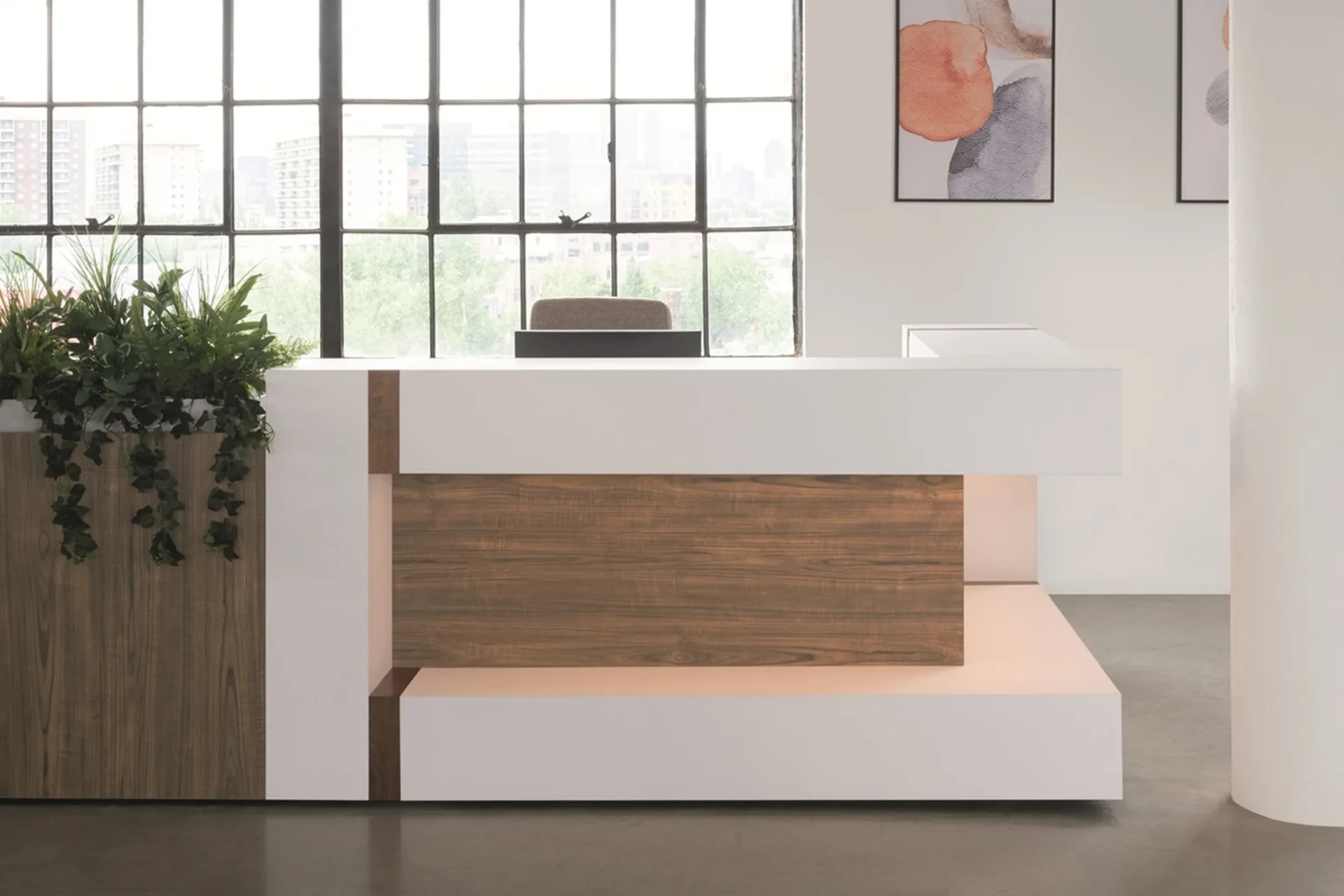 Monochrom reception desk with luxury modern styling in a NYC lobby