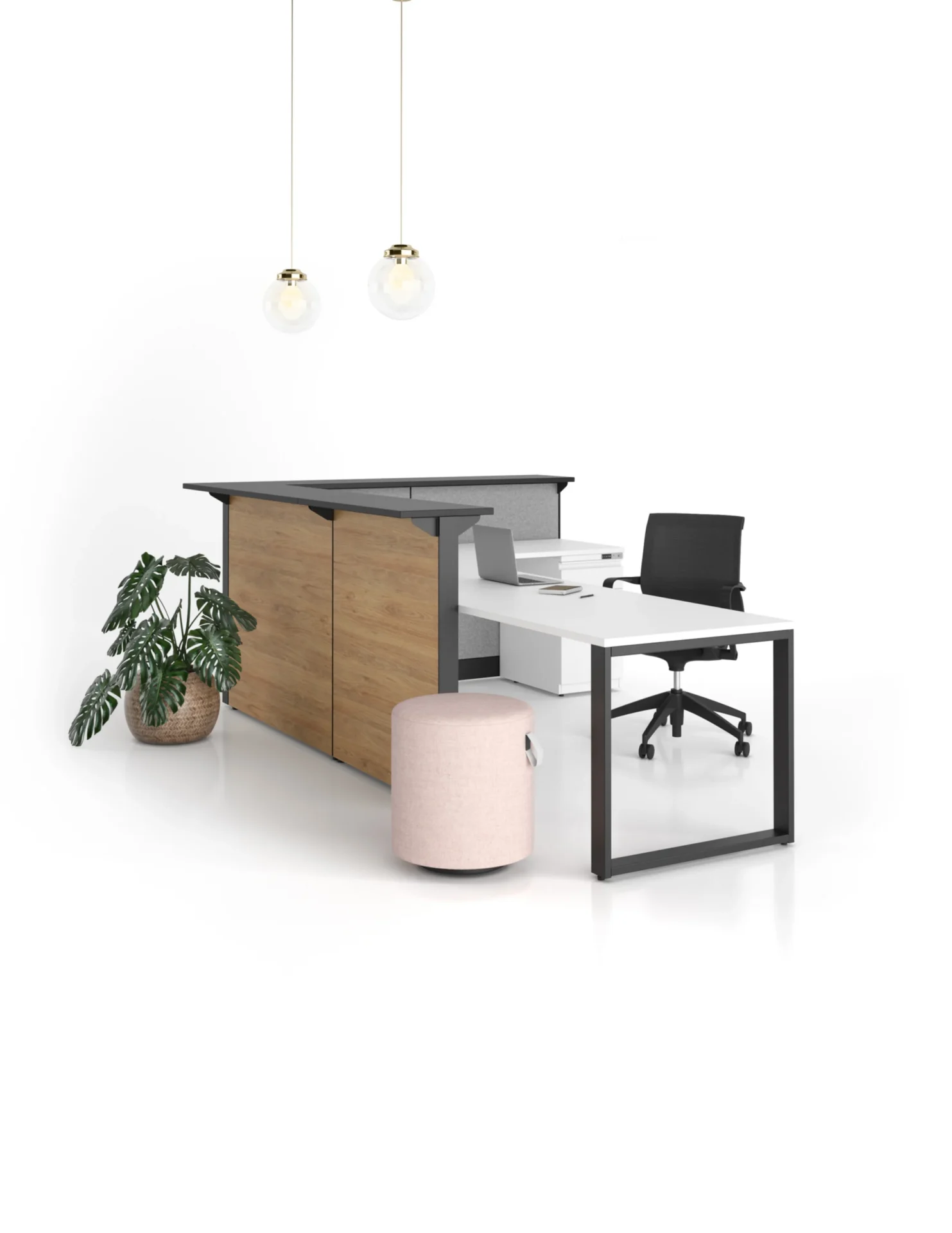 Axel reception desk with modular design and distinctive finish options in a NYC lobby